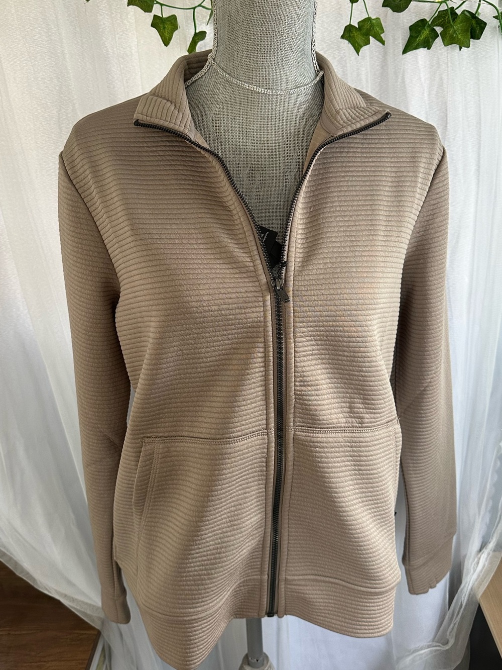 Skechers Taupe Ribbed Zip-Front Bomber Jacket